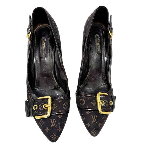 Louis Vuitton Monogram Buckle Pumps Brown Canvas Logo Stiletto Heels 38.5 EU - Picture 3 of 13